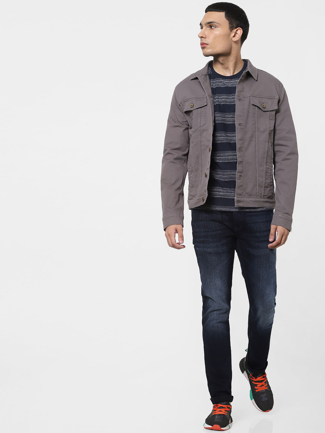 Blue Jacquard Striped Crew Neck T-shirt - S