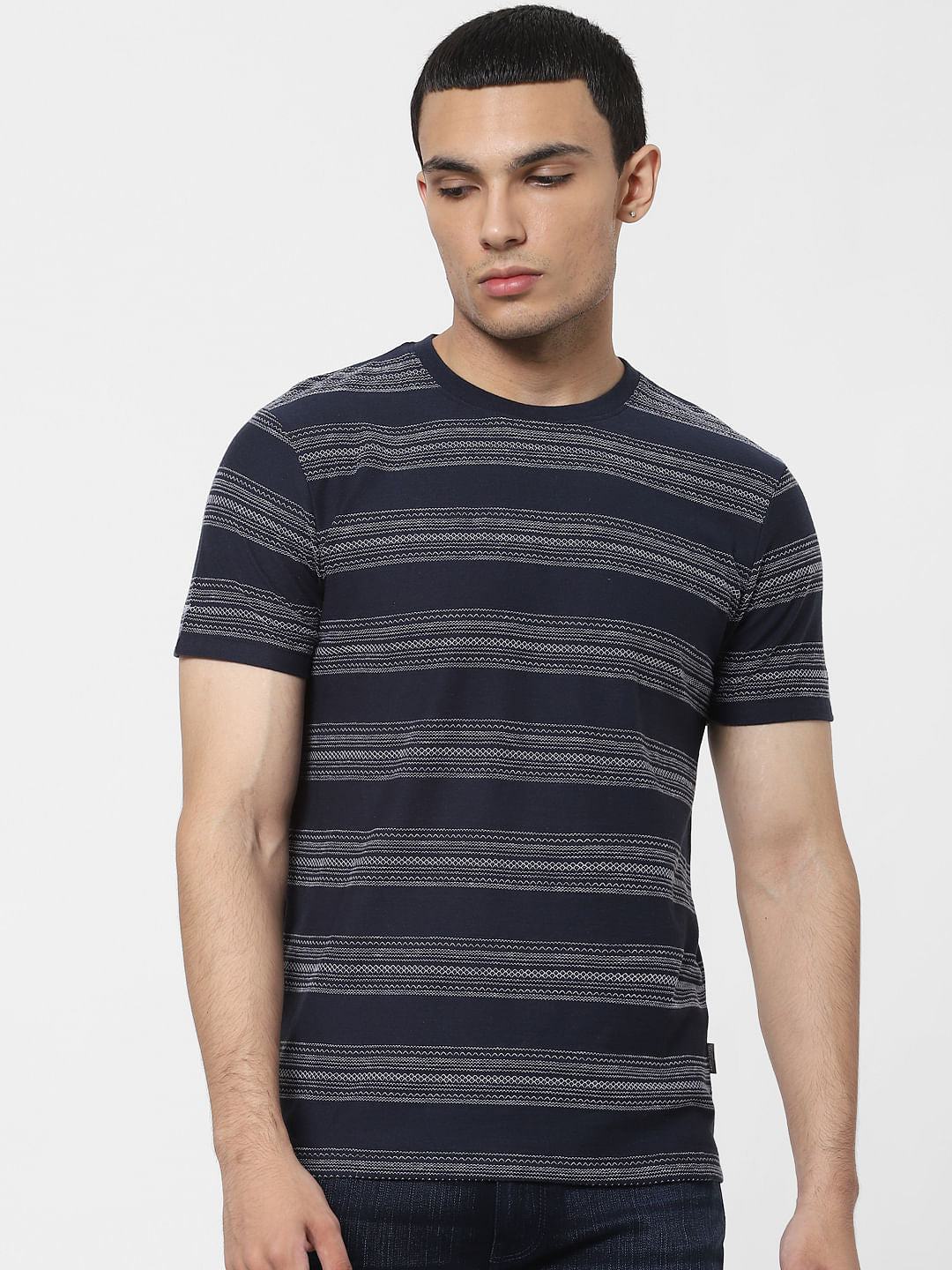 Blue Jacquard Striped Crew Neck T-shirt
