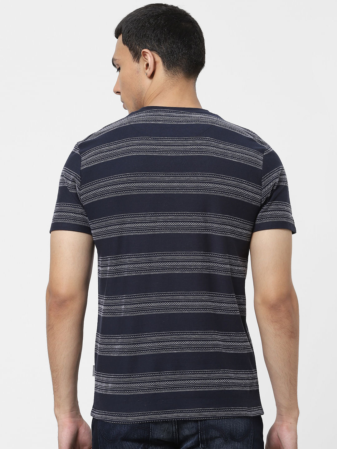 Blue Jacquard Striped Crew Neck T-shirt