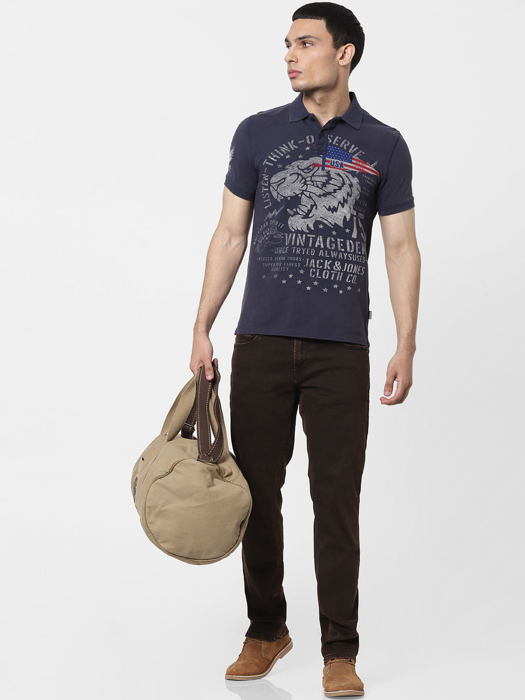 Blue Graphic Print Polo Neck T-shirt - S