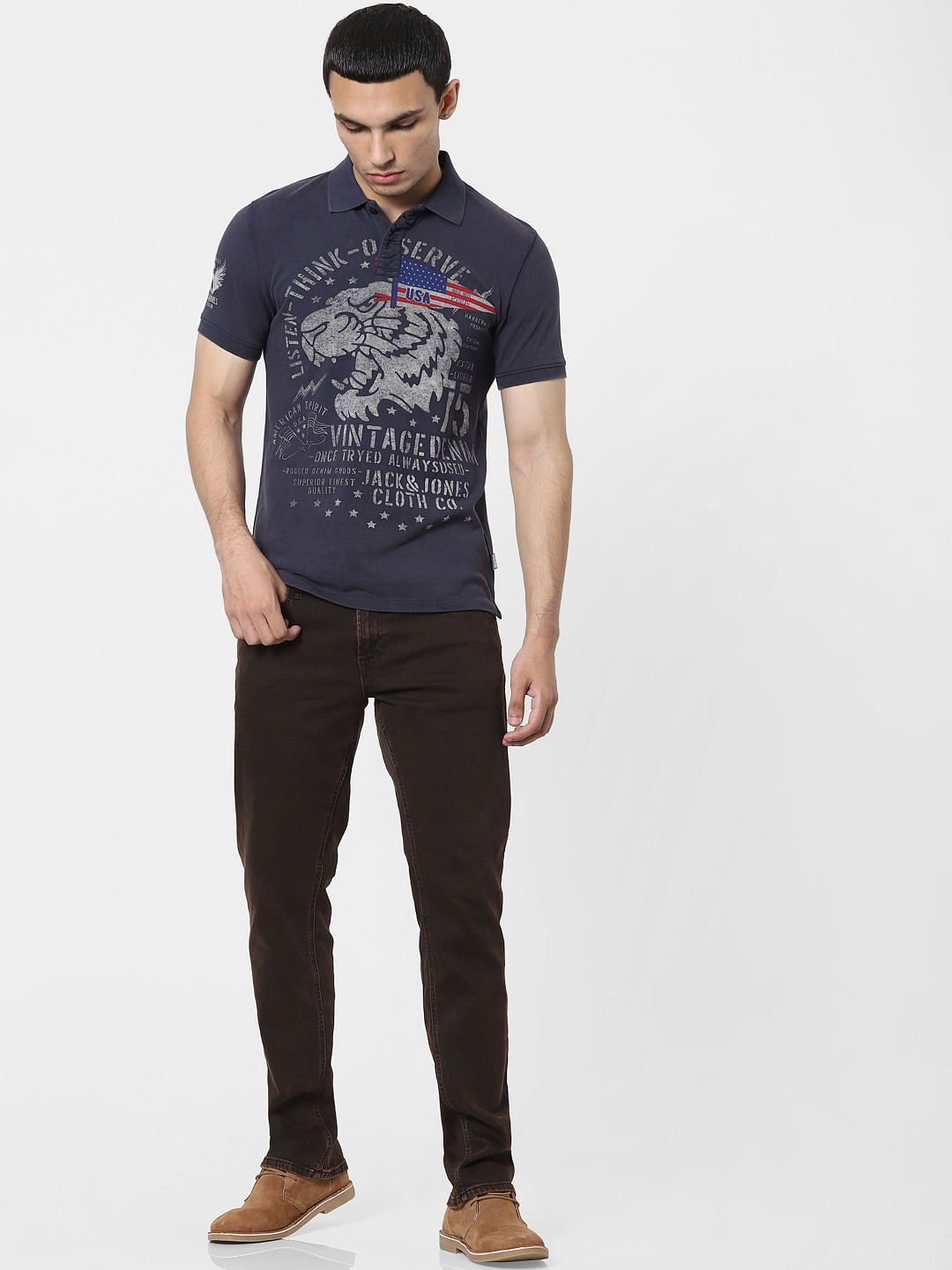 Blue Graphic Print Polo Neck T-shirt