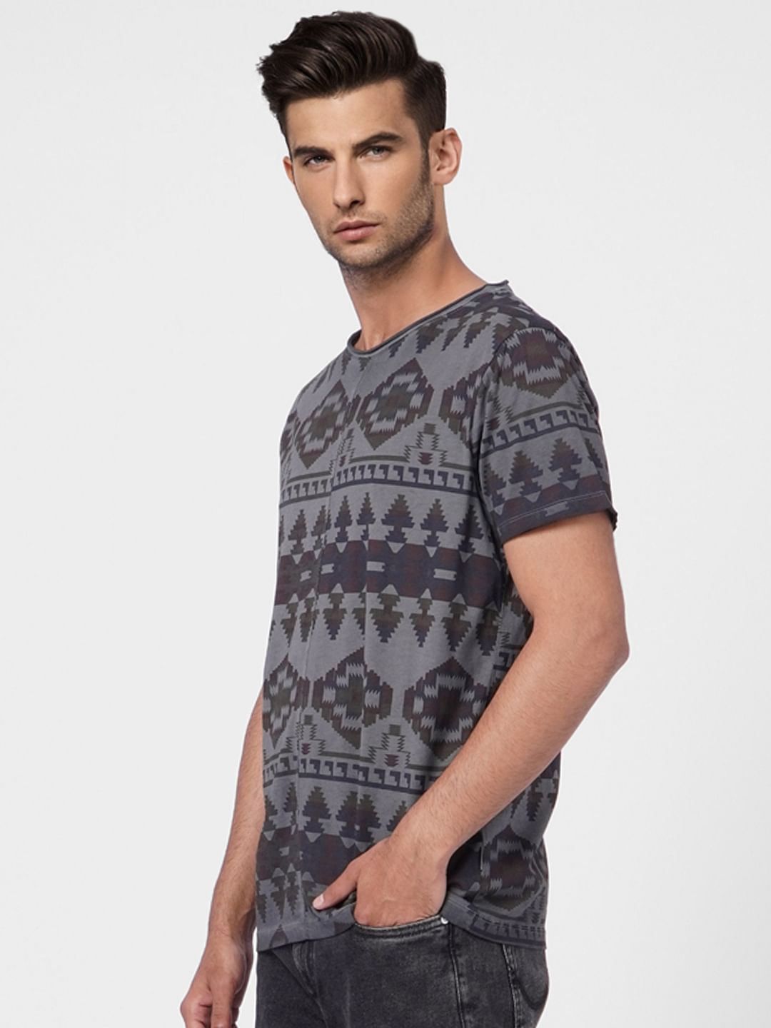 Grey Aztec Print Crew Neck T-shirt
