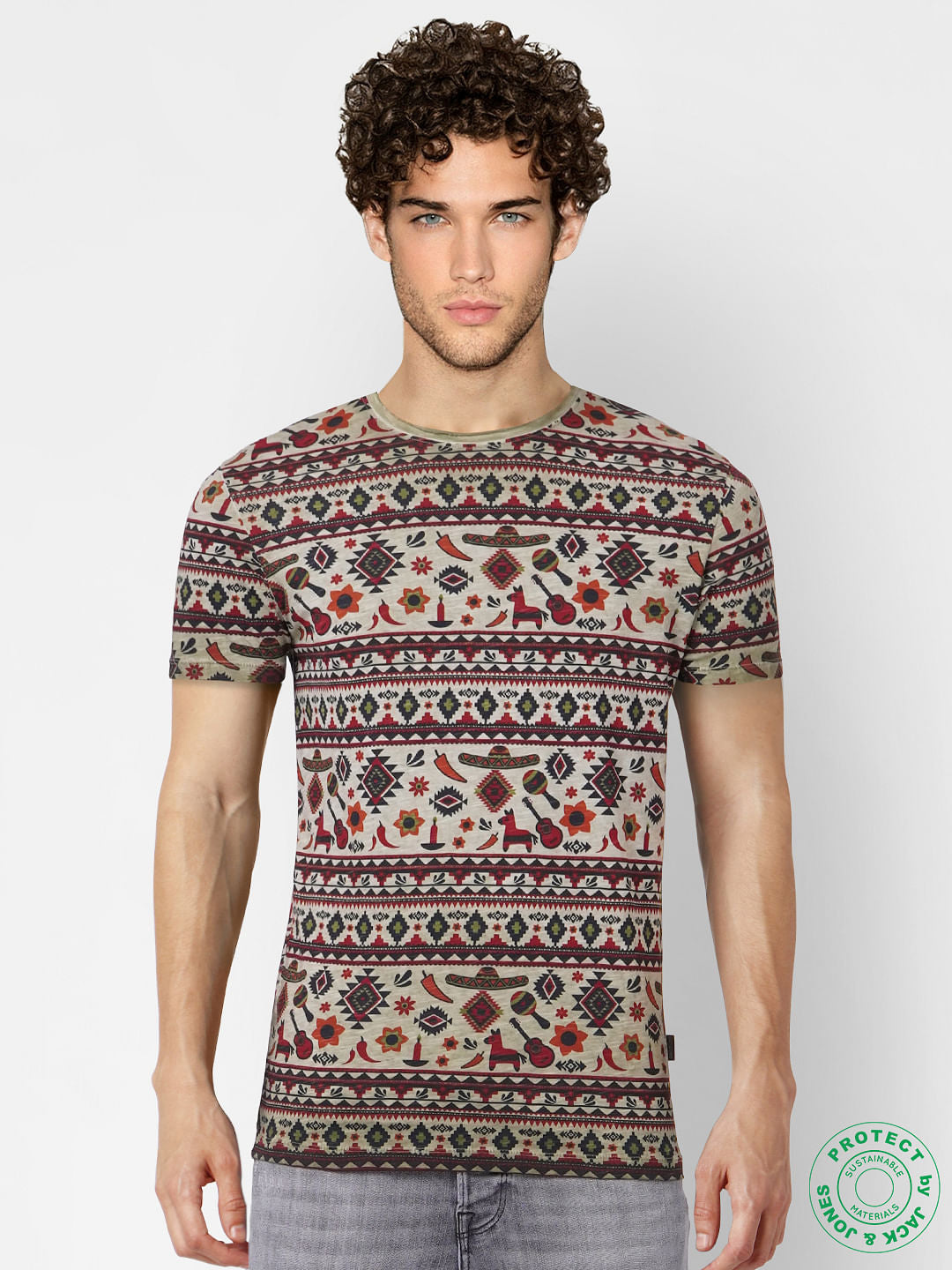 Grey Printed Crew Neck T-shirt