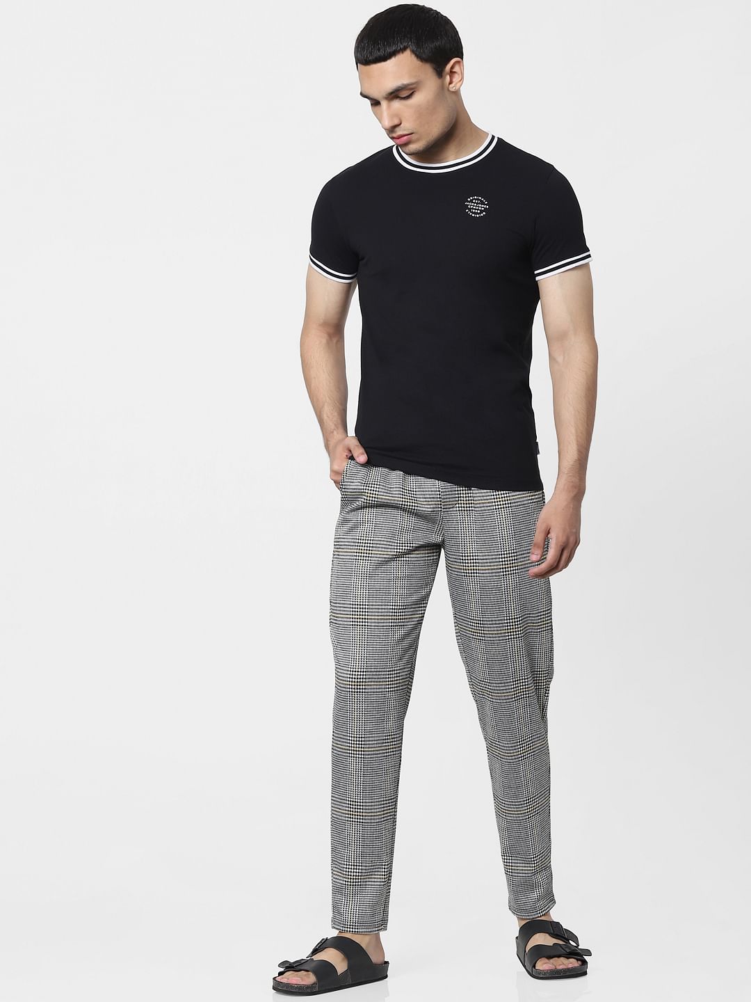 Black Mid Rise Check Pants - S