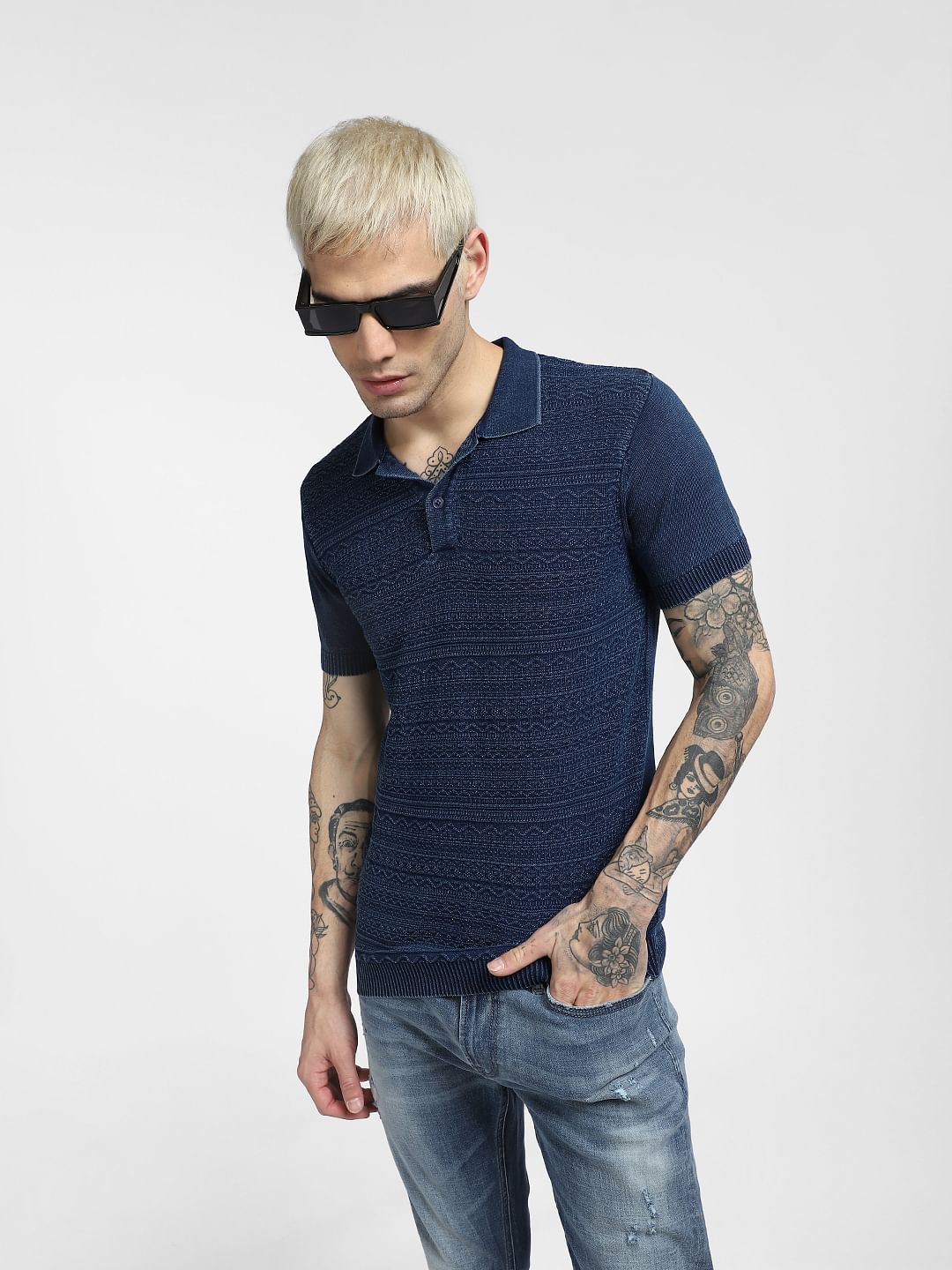 Blue Jacquard Polo Neck T-shirt - S