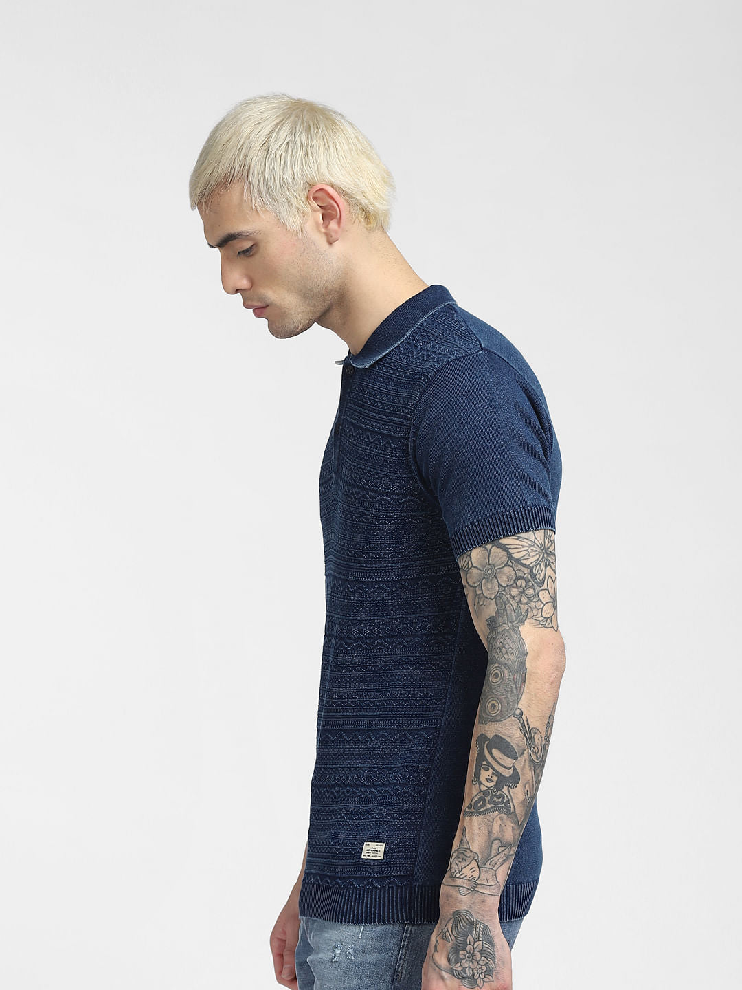 Blue Jacquard Polo Neck T-shirt