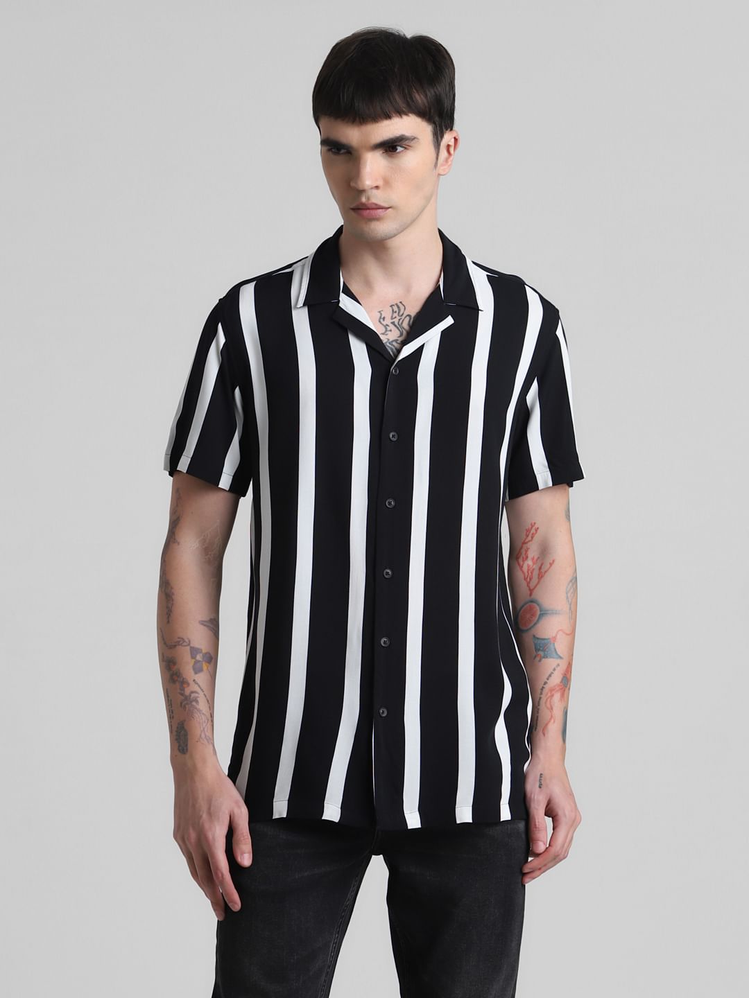 Black Striped Short Sleeves Shirt