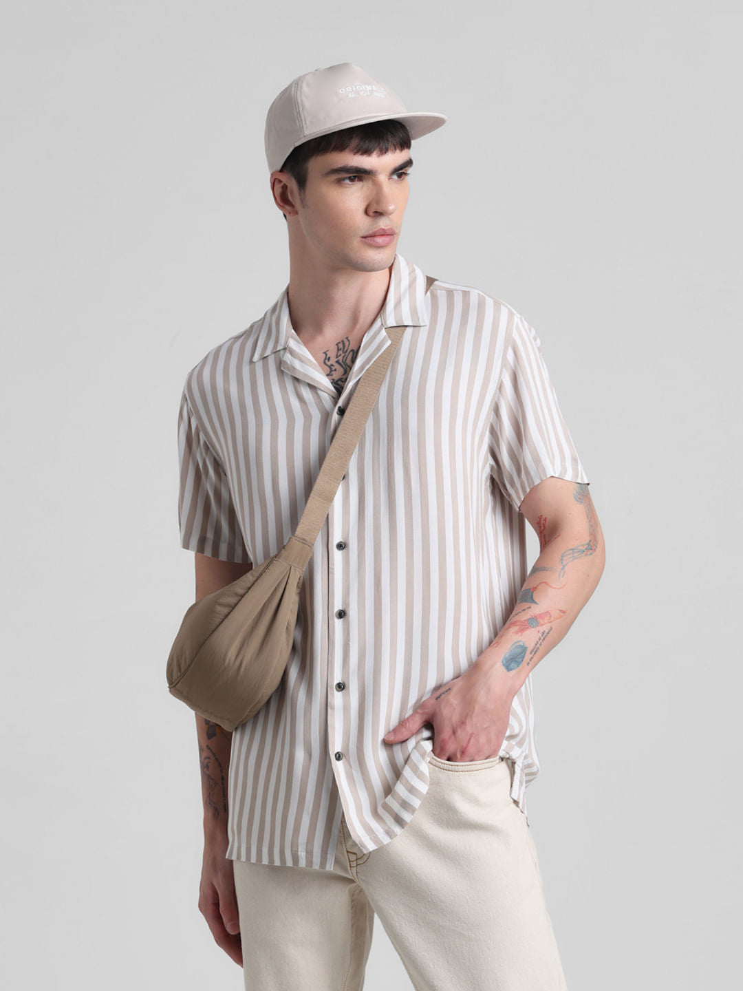 Beige Striped Short Sleeves Shirt - S