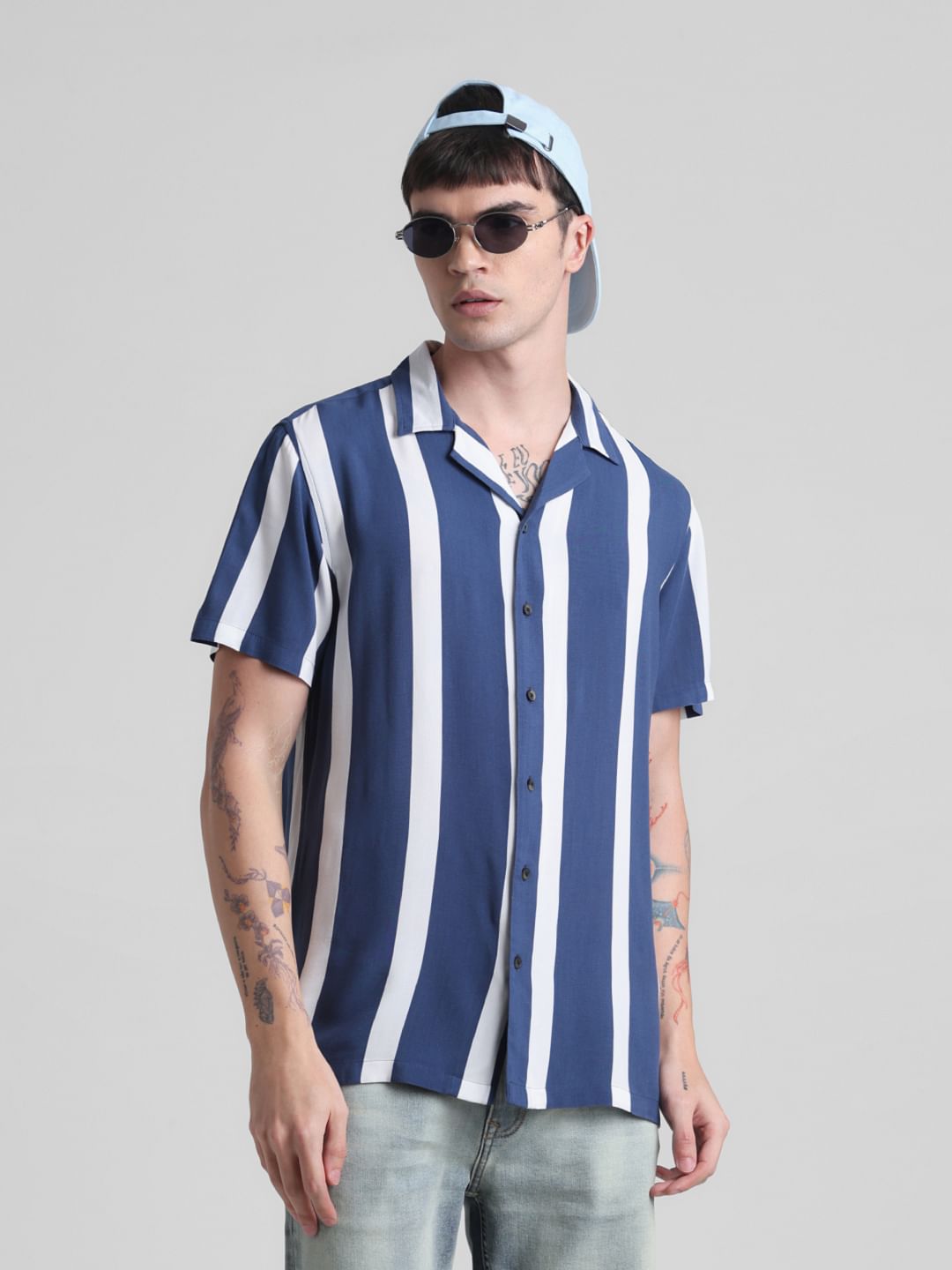 Blue Striped Short Sleeves Shirt - S