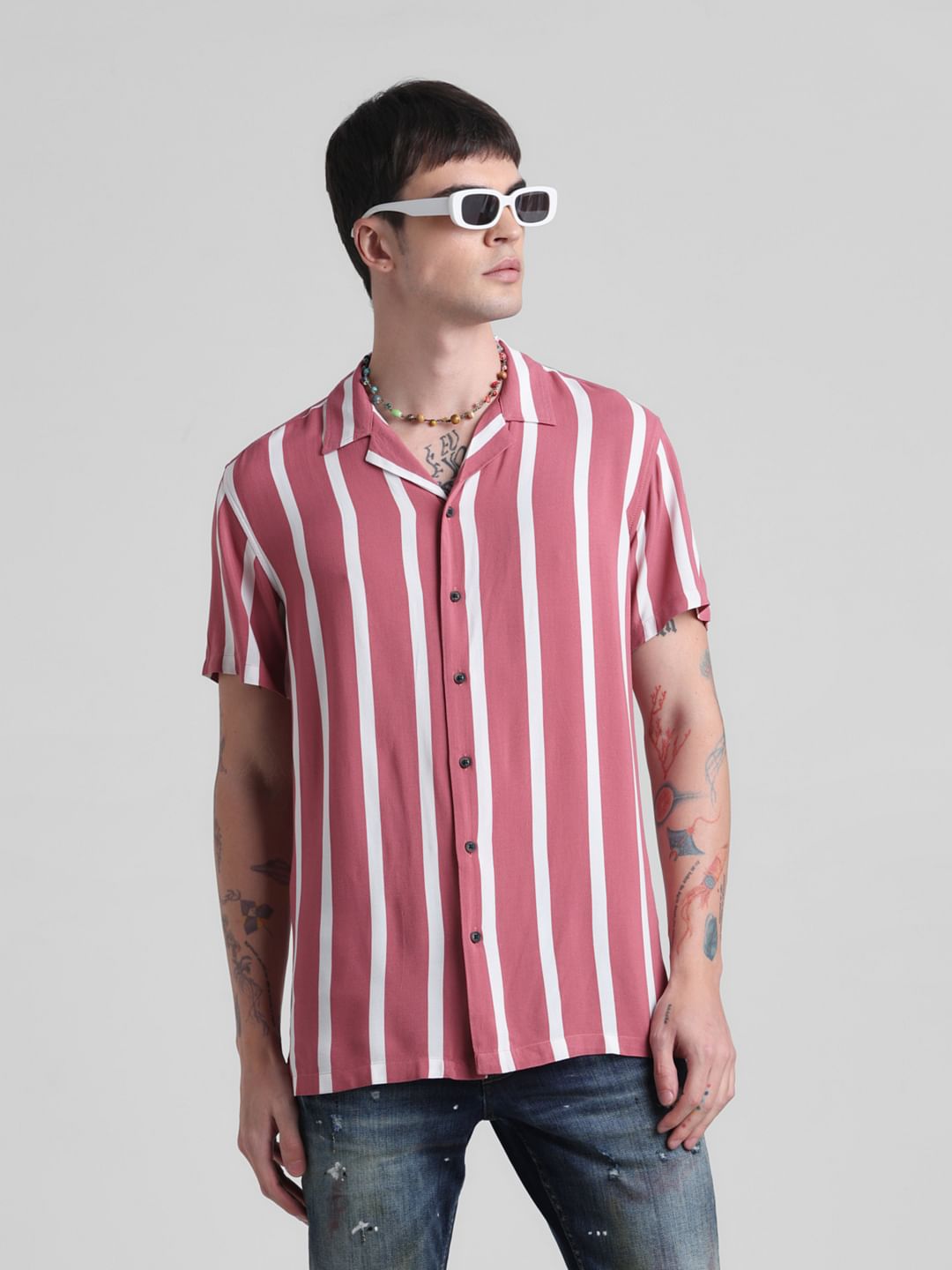 Pink Striped Short Sleeves Shirt - S