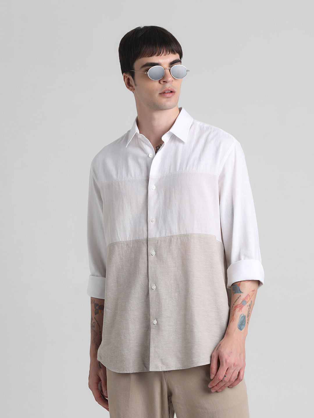 Beige Colourblocked Full Sleeves Shirt - S