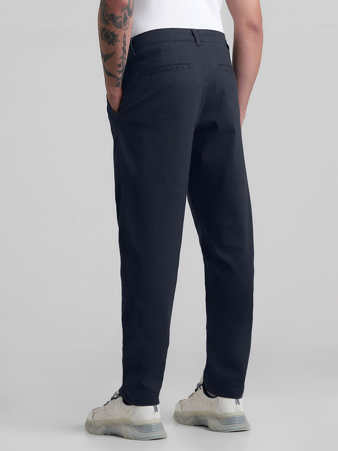 Navy Blue Mid Rise Pleated Chinos