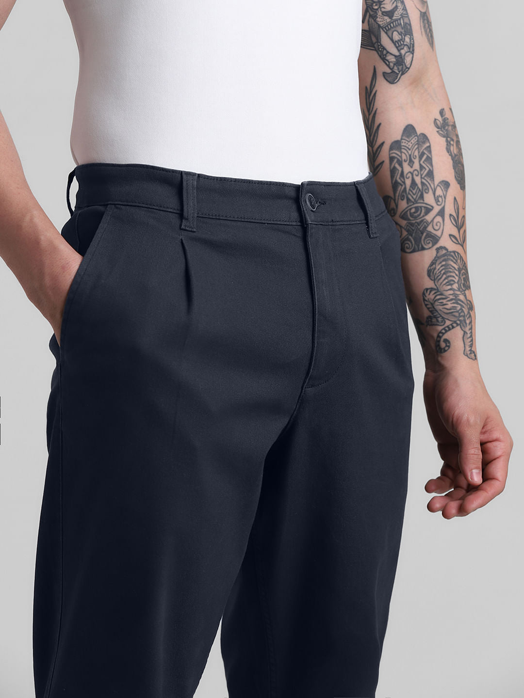 Navy Blue Mid Rise Pleated Chinos