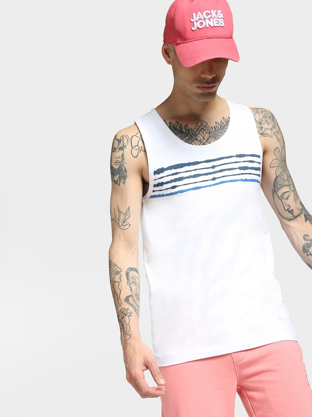 White Printed Sleeveless T-shirt - S