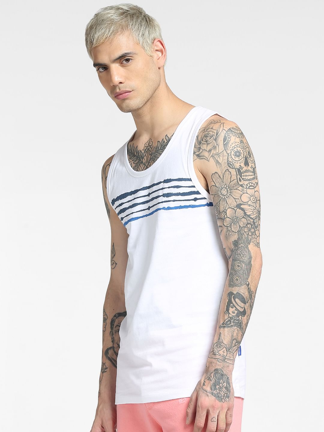 White Printed Sleeveless T-shirt