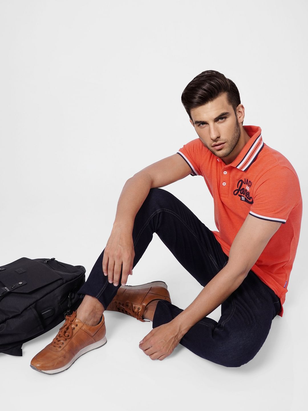 Orange Contrast Tipping Polo Neck T-shirt - S