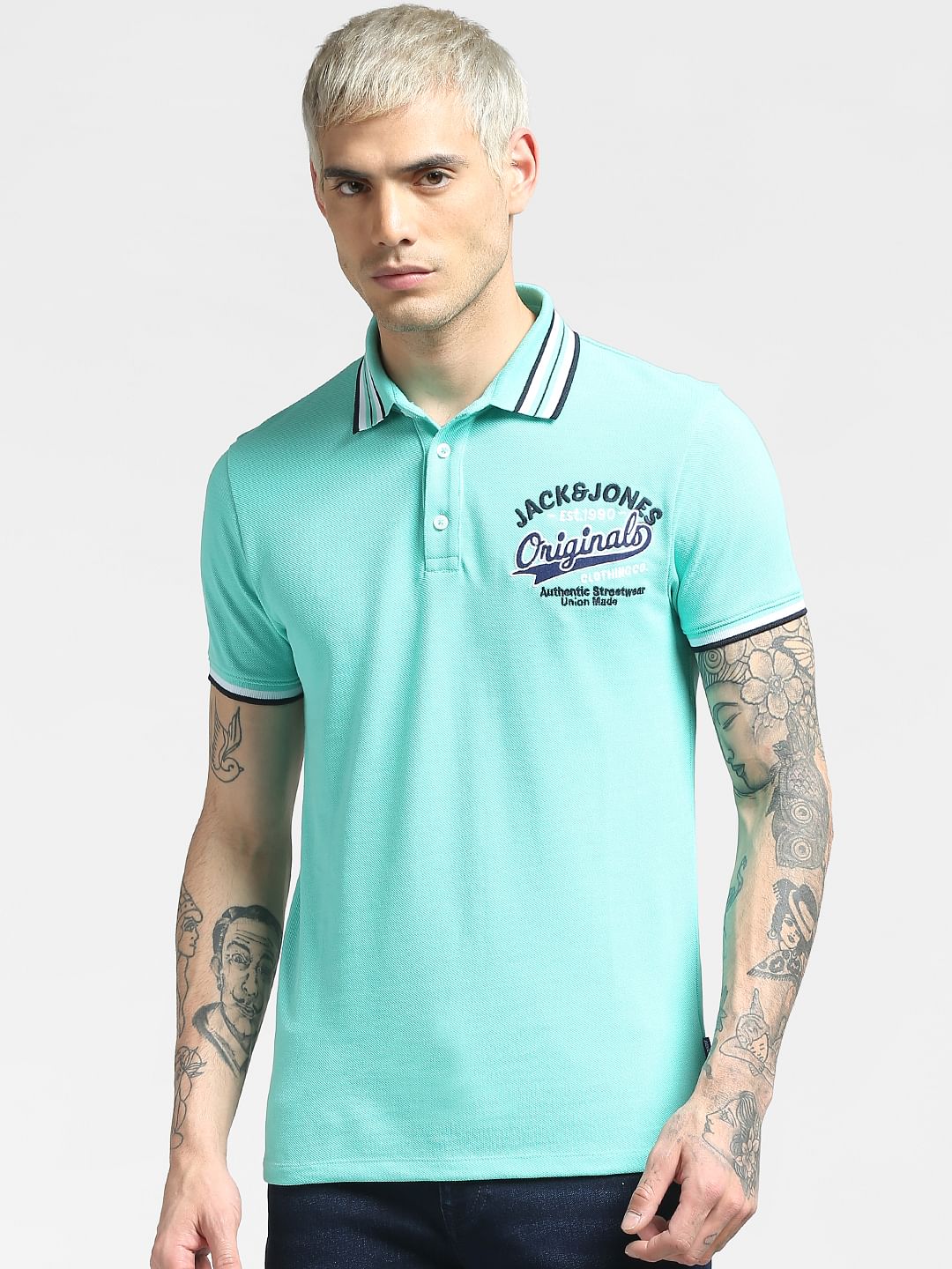Blue Contrast Tipping Polo Neck T-shirt