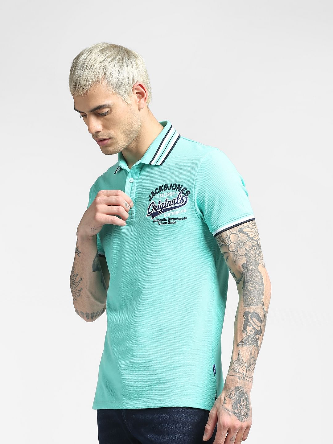 Blue Contrast Tipping Polo Neck T-shirt