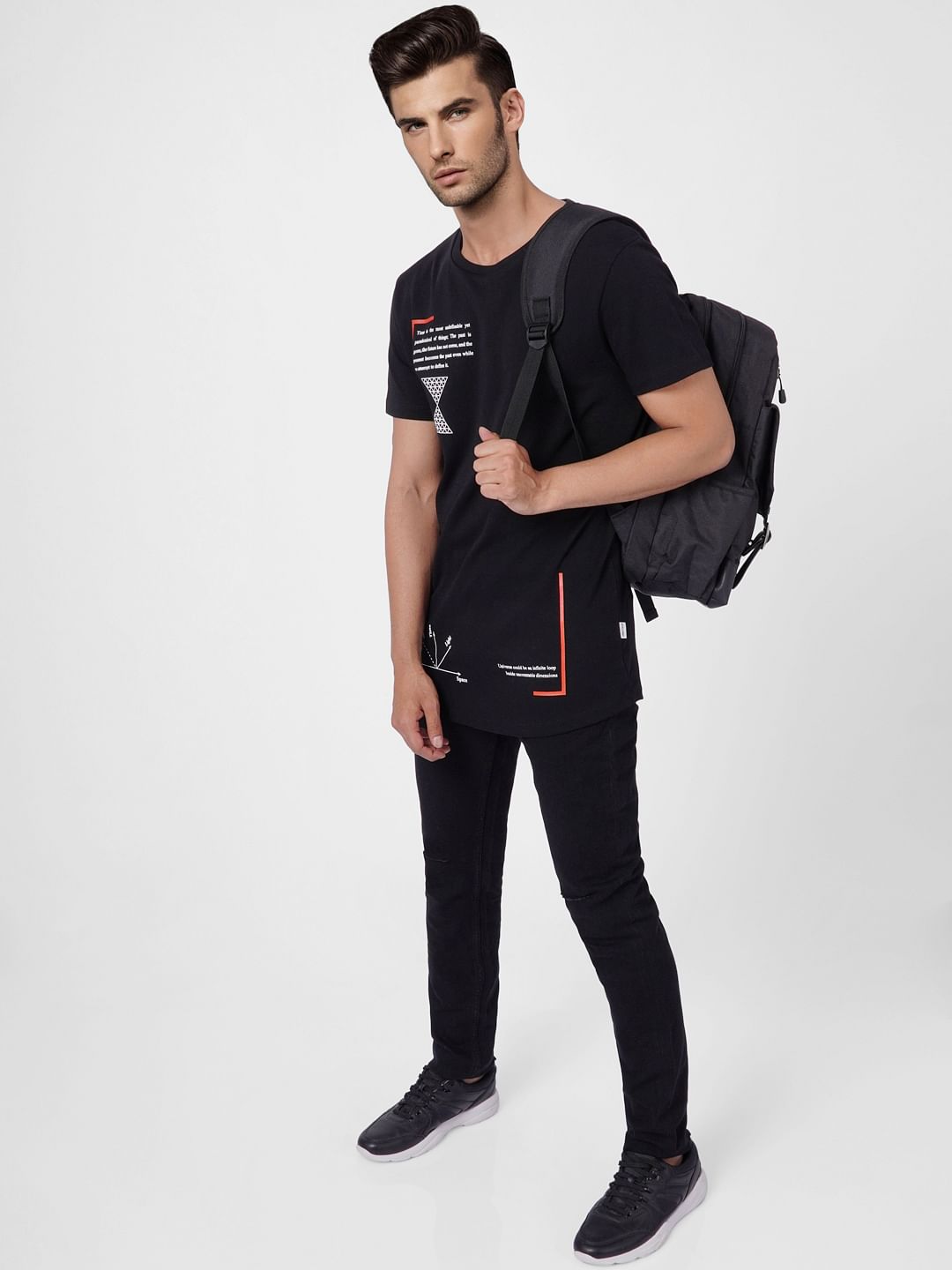 Black Graphic Print Crew Neck T-shirt - S