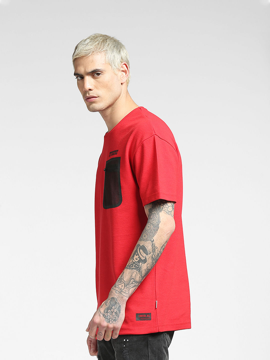 Red Pocket Detail Crew Neck T-shirt