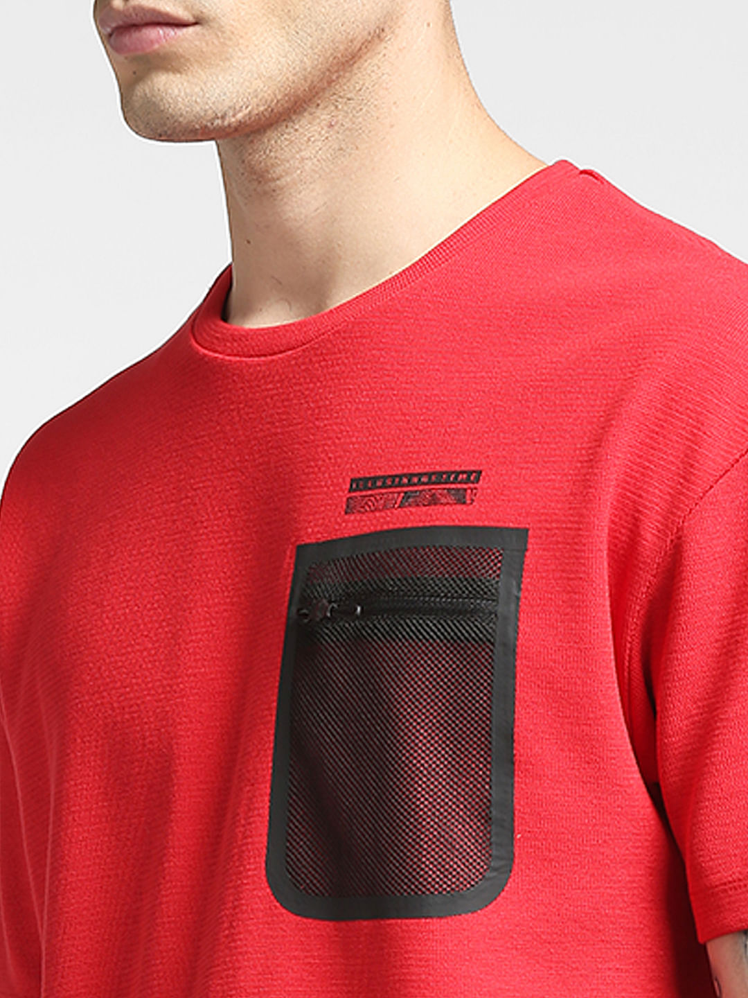Red Pocket Detail Crew Neck T-shirt