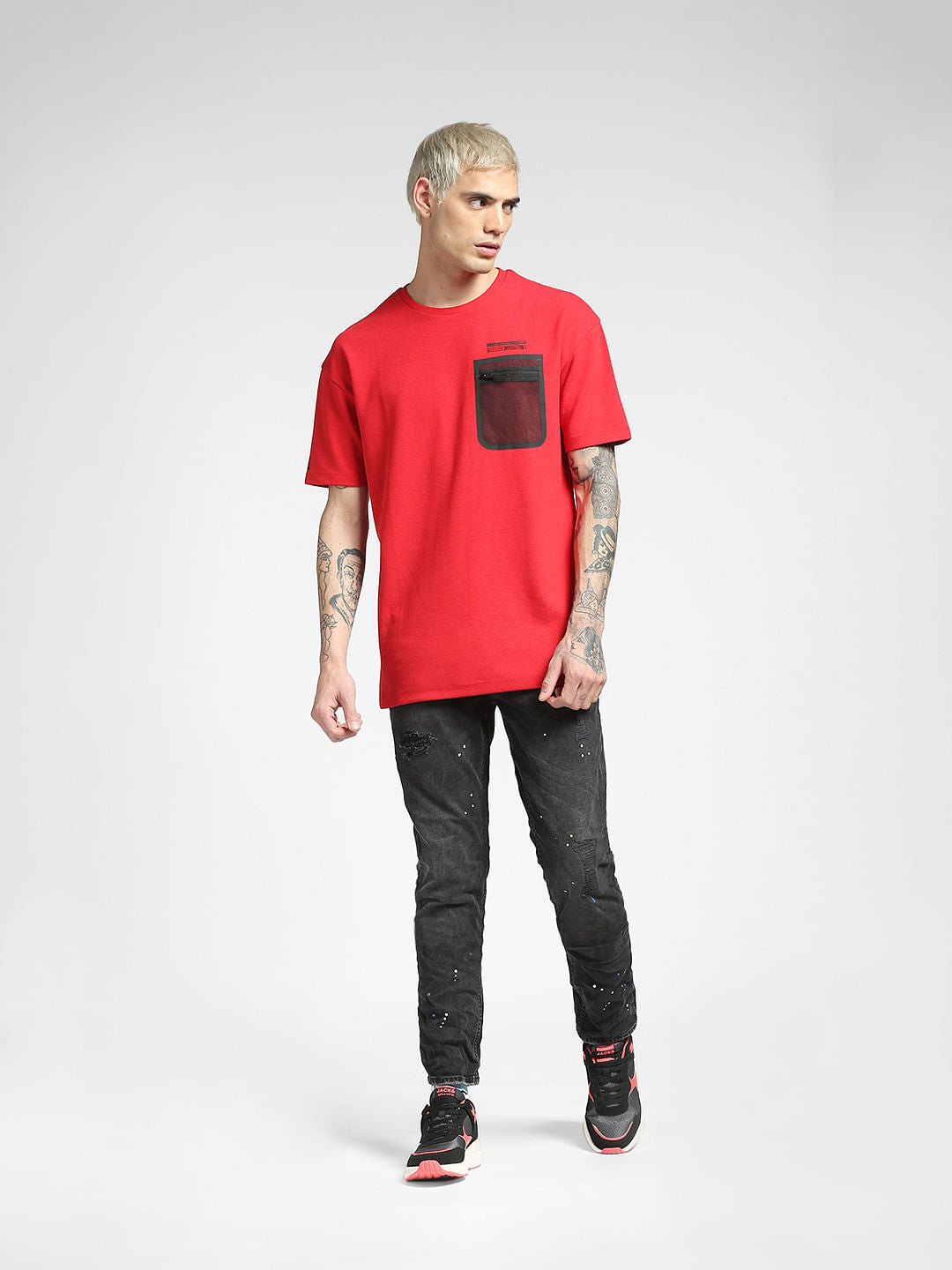 Red Pocket Detail Crew Neck T-shirt
