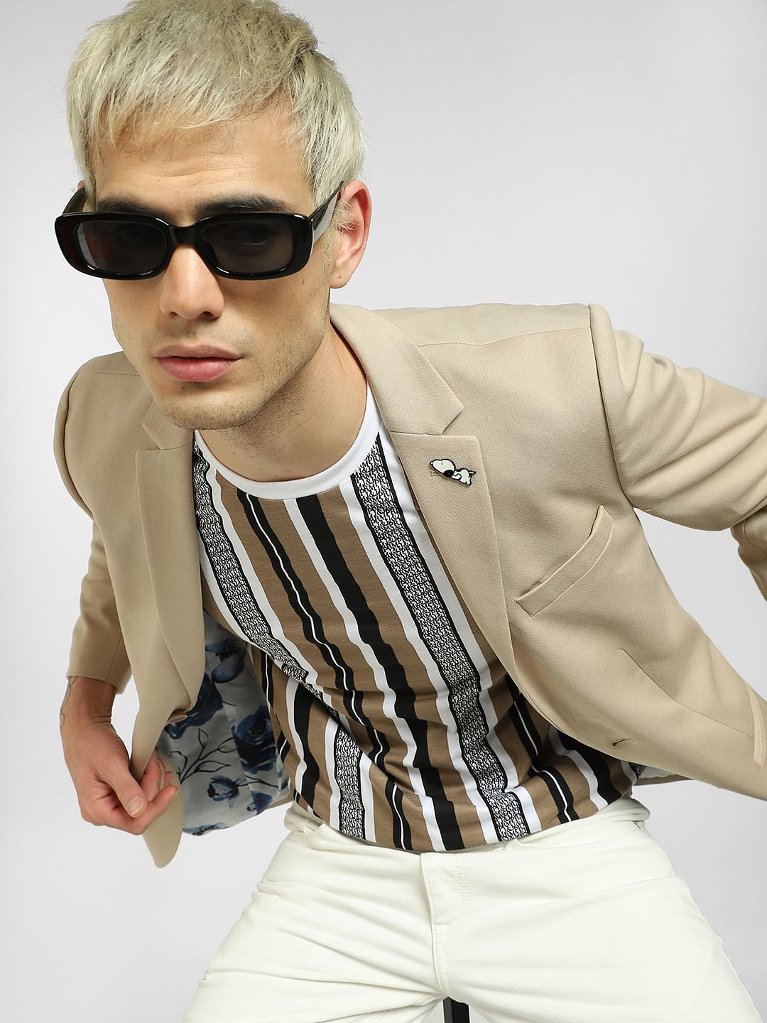 Beige Vertical Stripe T-shirt - S