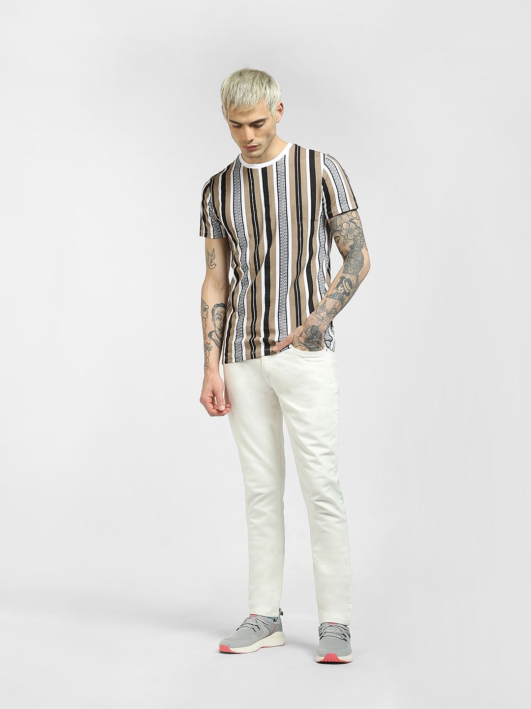 Beige Vertical Stripe T-shirt
