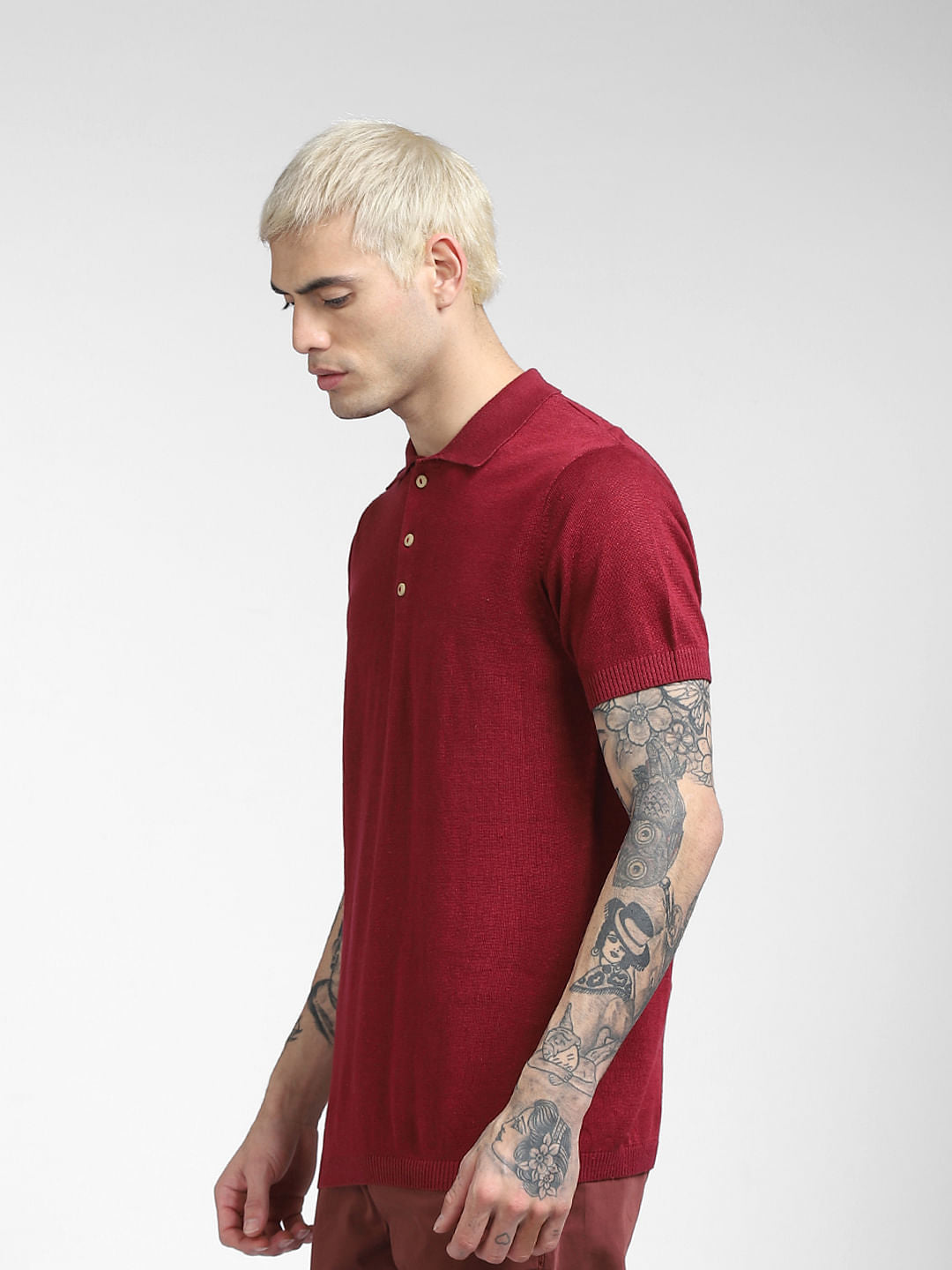 Red Knitted Polo Neck T-shirt