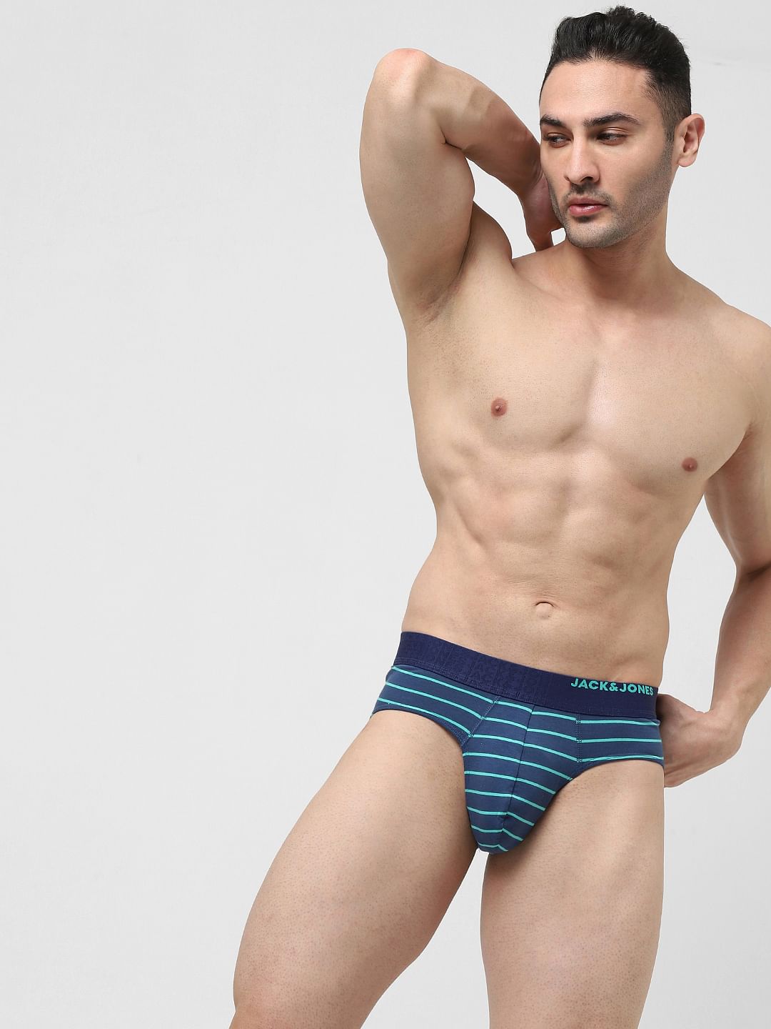 Dark Blue Striped Cotton Briefs - S