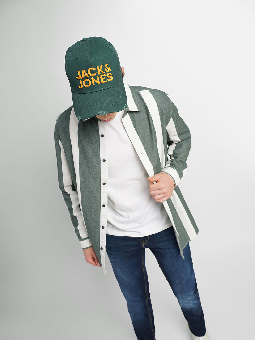 White & Green Striped Full Sleeves Shirt - S