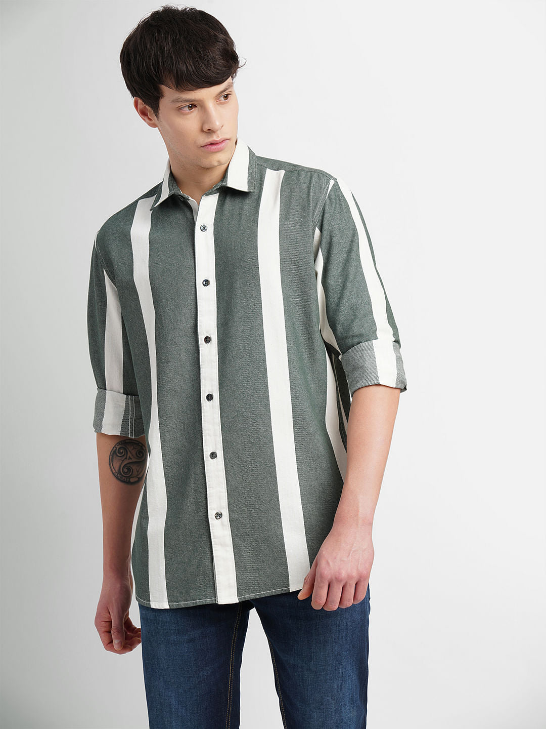 White & Green Striped Full Sleeves Shirt