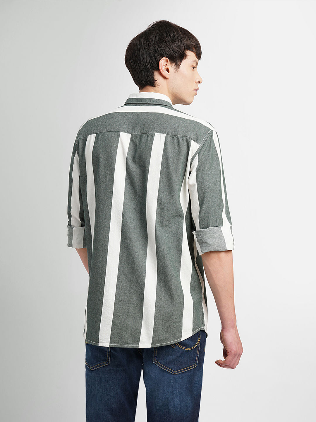 White & Green Striped Full Sleeves Shirt