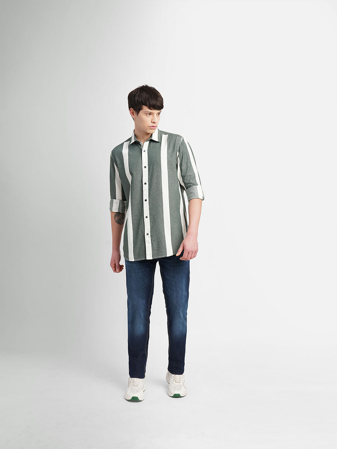 White & Green Striped Full Sleeves Shirt