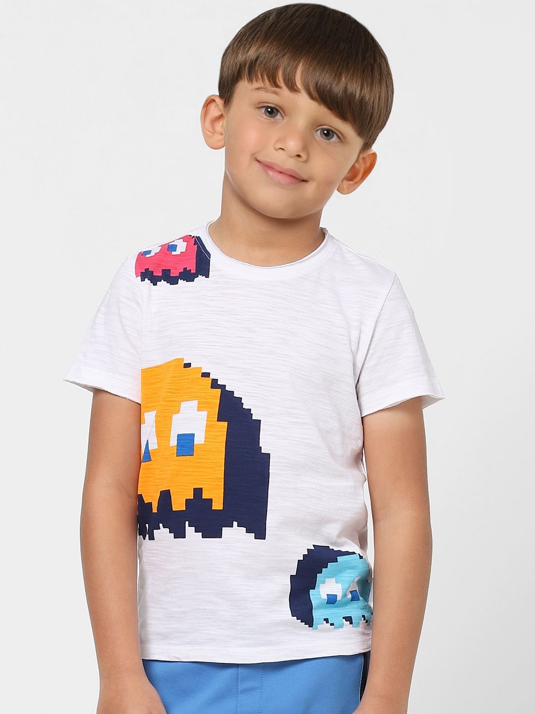 BOYS X PAC-MAN WHITE GRAPHIC PRINT CREW NECK T-SHIRT