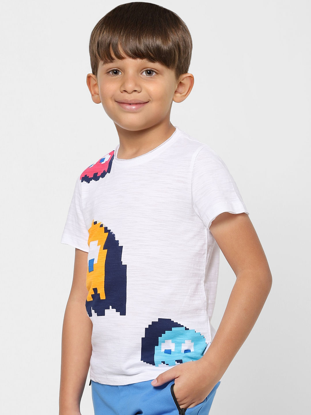 BOYS X PAC-MAN WHITE GRAPHIC PRINT CREW NECK T-SHIRT