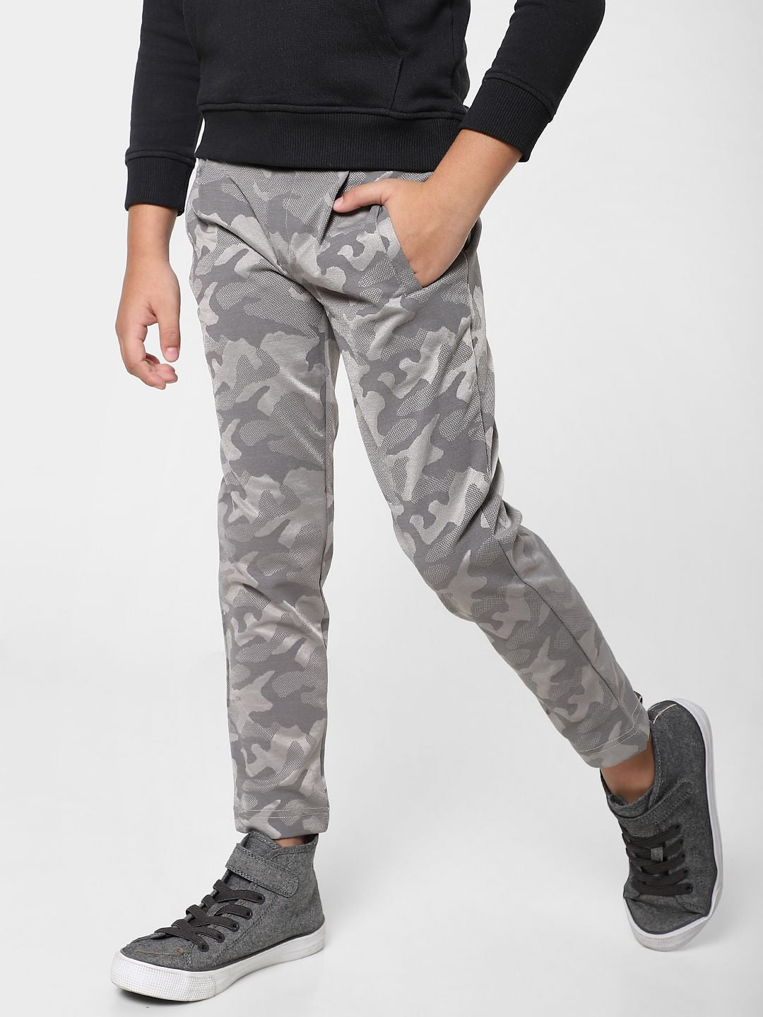Boys Grey Low Rise Camo Pants