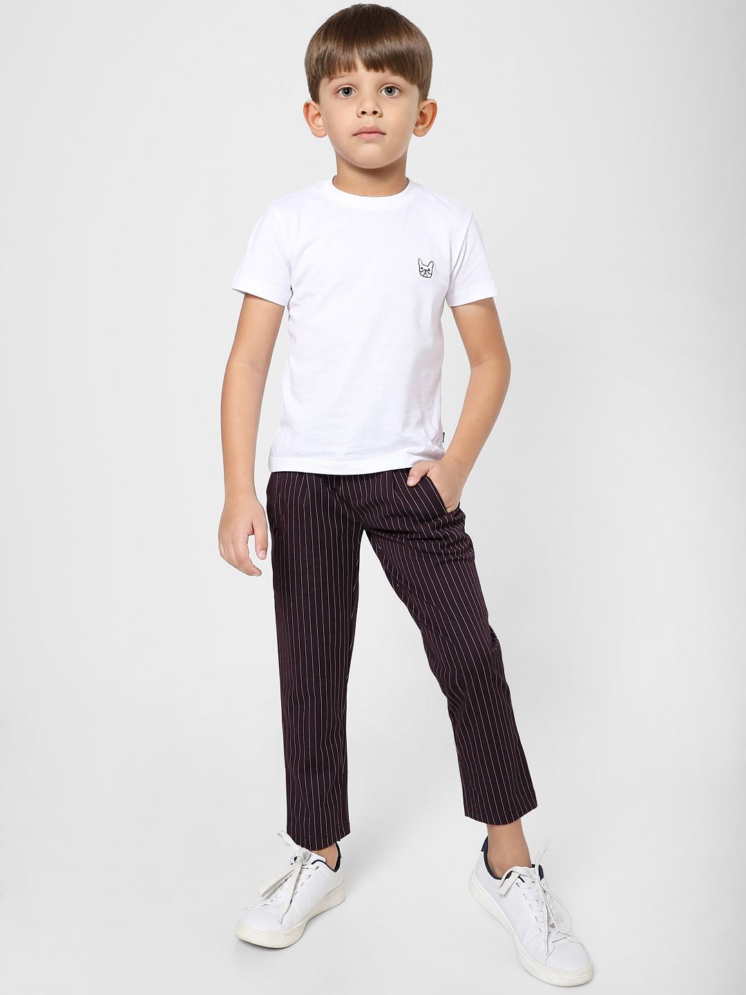 Boys Burgundy Low Rise Striped Pants - 4/5Y