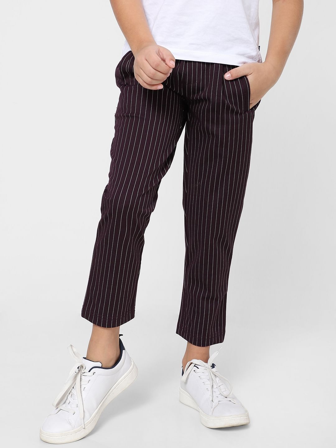 Boys Burgundy Low Rise Striped Pants