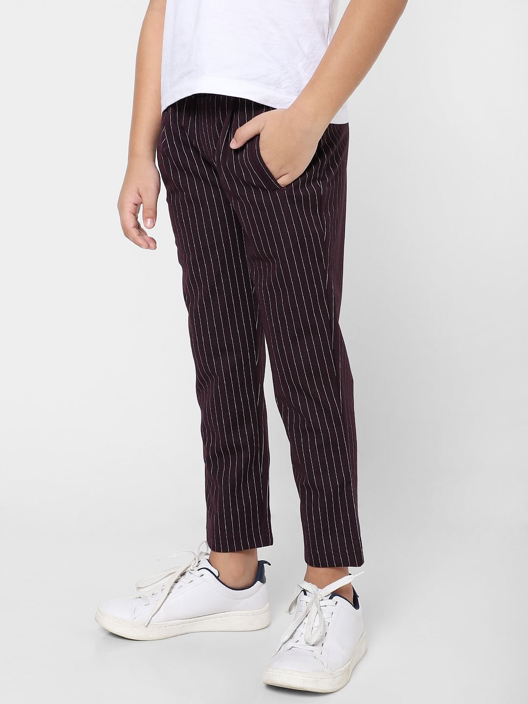 Boys Burgundy Low Rise Striped Pants