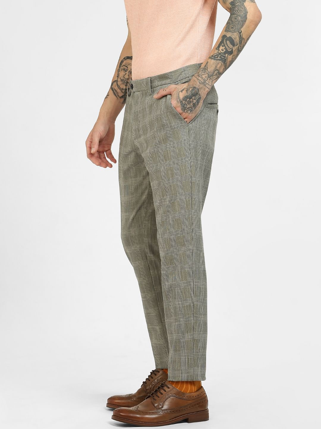 Grey Mid Rise Check Pants