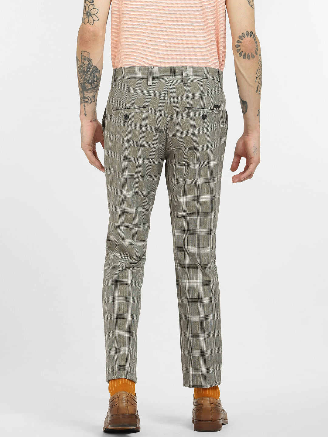 Grey Mid Rise Check Pants