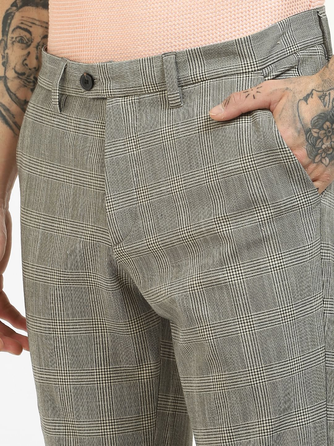 Grey Mid Rise Check Pants