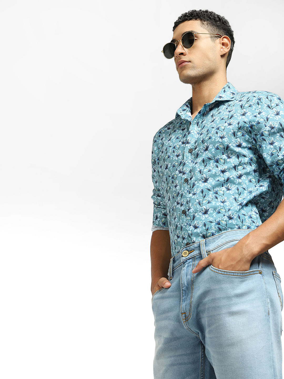 Blue Floral Full Sleeves Shirt - S