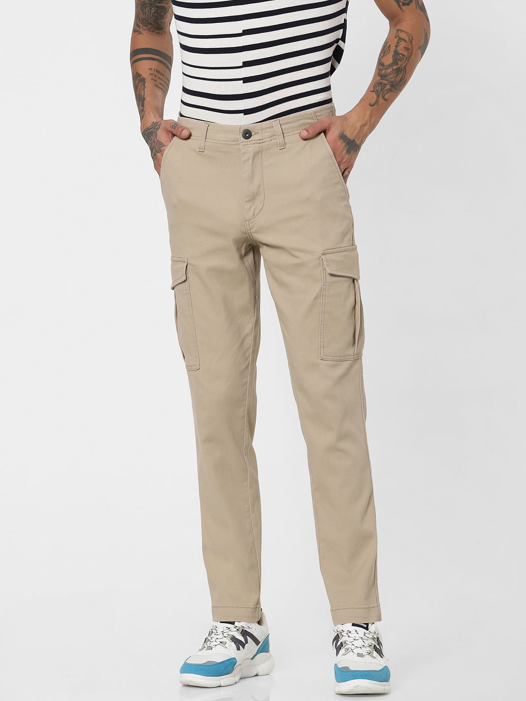 Beige Mid Rise Slim Fit Pants