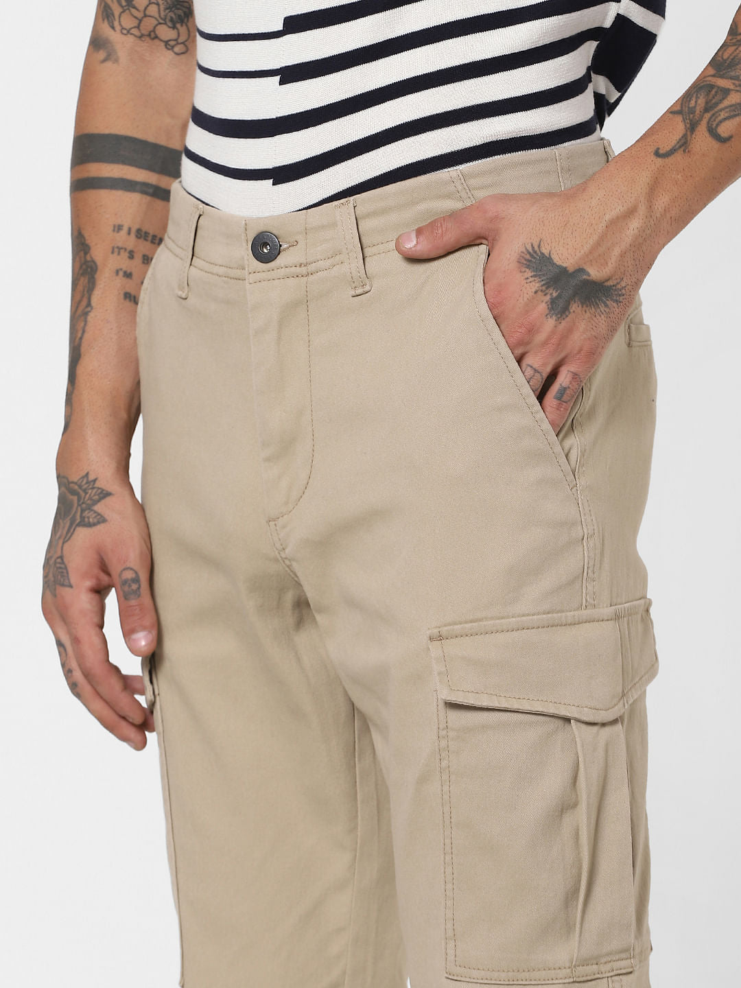 Beige Mid Rise Slim Fit Pants