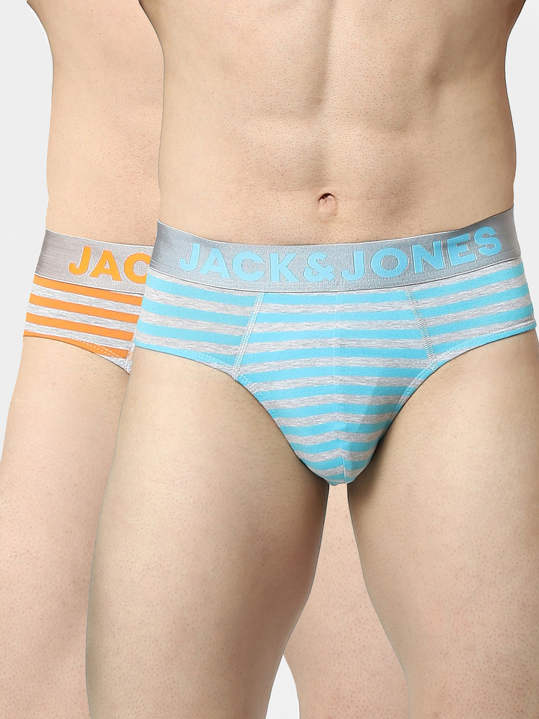 Pack Of 2 Blue & Orange Striped Briefs - S