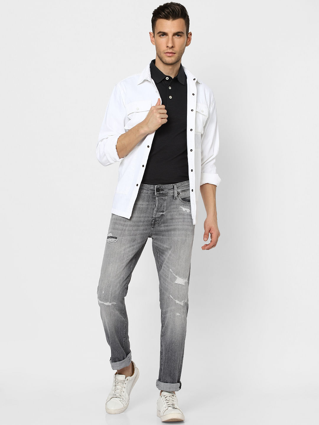 Grey Low Rise Glenn Slim Fit Torn Jeans - 28/30