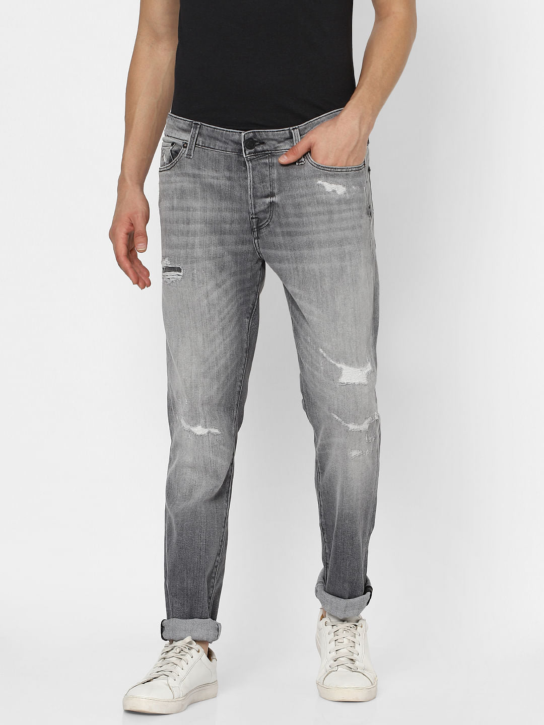 Grey Low Rise Glenn Slim Fit Torn Jeans