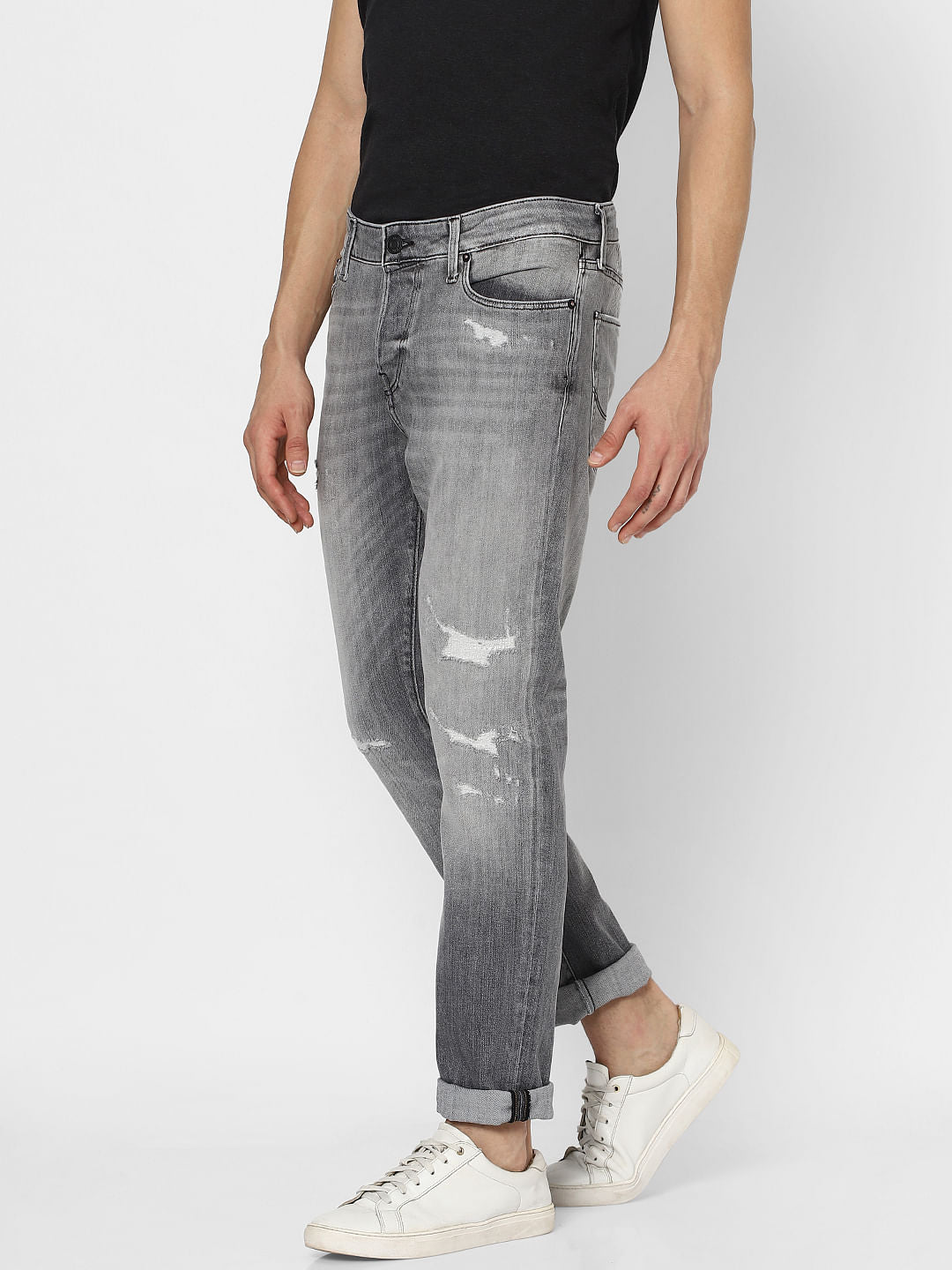Grey Low Rise Glenn Slim Fit Torn Jeans
